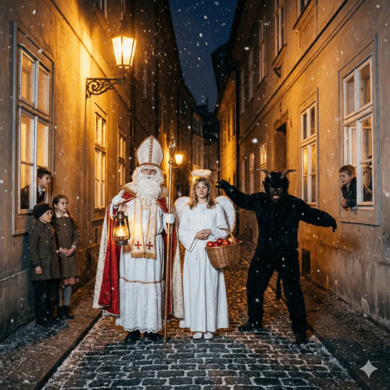 Aktivizace senioři s demencí – Mikuláš, anděl a čert v zasněžené večerní ulici; děti stojí opodál, anděl nese košík s jablky, Mikuláš lucernu – Aktivizace senioři s demencí