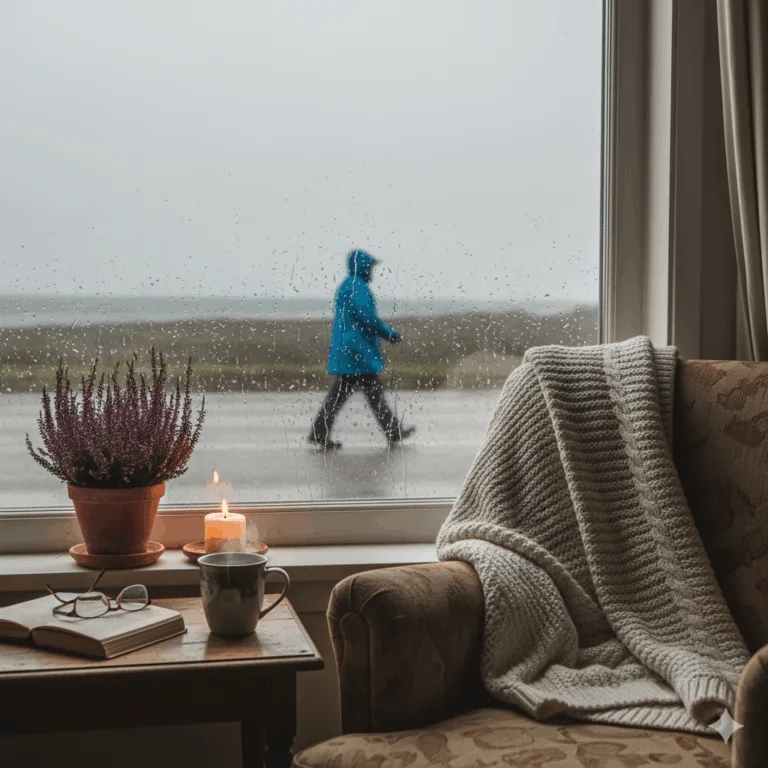 Aktivizace senioři s demencí - Člověk kráčí v dešti za oknem; uvnitř křeslo s plédem, zapálená svíčka, čaj, kniha a brýle - Aktivizace senioři s demencí