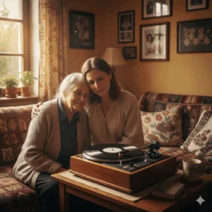 Aktivizace senioři s demencí – Seniorka s dcerou poslouchají hudbu; reminiscenční technika podporující vzpomínky a dobrou náladu – Aktivizace senioři s demencí