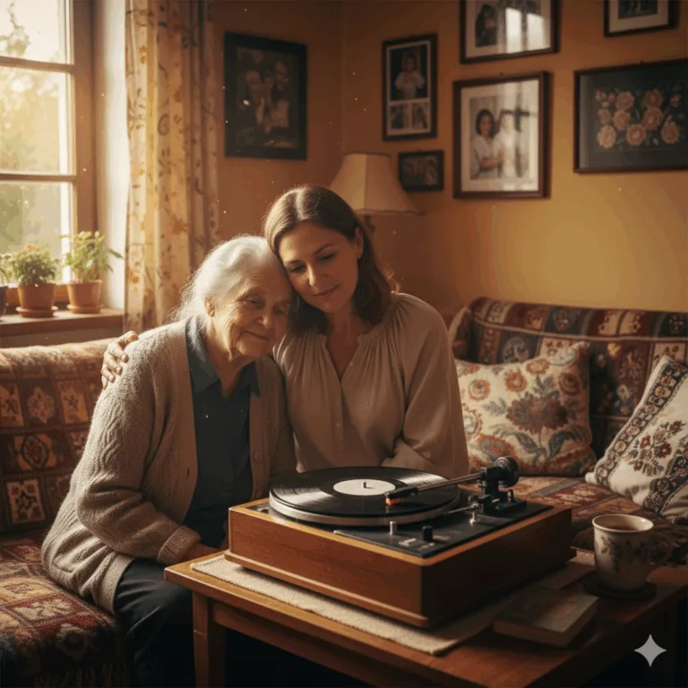 Aktivizace senioři s demencí – Seniorka s dcerou poslouchají hudbu; reminiscenční technika podporující vzpomínky a dobrou náladu – Aktivizace senioři s demencí