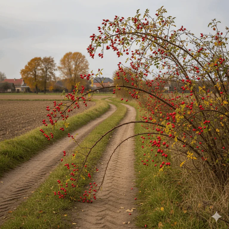 Aktivizace senioři s demencí – Keř šípkové růže s červenými šípky se sklání nad polní cestou; podzimní venkov, pole a stromy v pozadí – Aktivizace senioři s demencí
