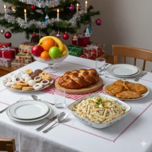 Aktivizace senioři s demencí – Vánoce: sváteční tabule s cukrovím a vánočkou, stromek v pozadí – Aktivizace senioři s demencí