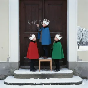 Aktivizace senioři s demencí – Tři králové píší K+M+B na dveře ve sněhu, zimní tradice – Aktivizace senioři s demencí