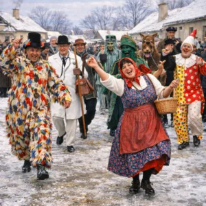 Aktivizace senioři s demencí – Masopust: dvojice v krojích a maskách na sněhu, v pozadí skupina lidí a zasněžené chalupy – Aktivizace senioři s demencí