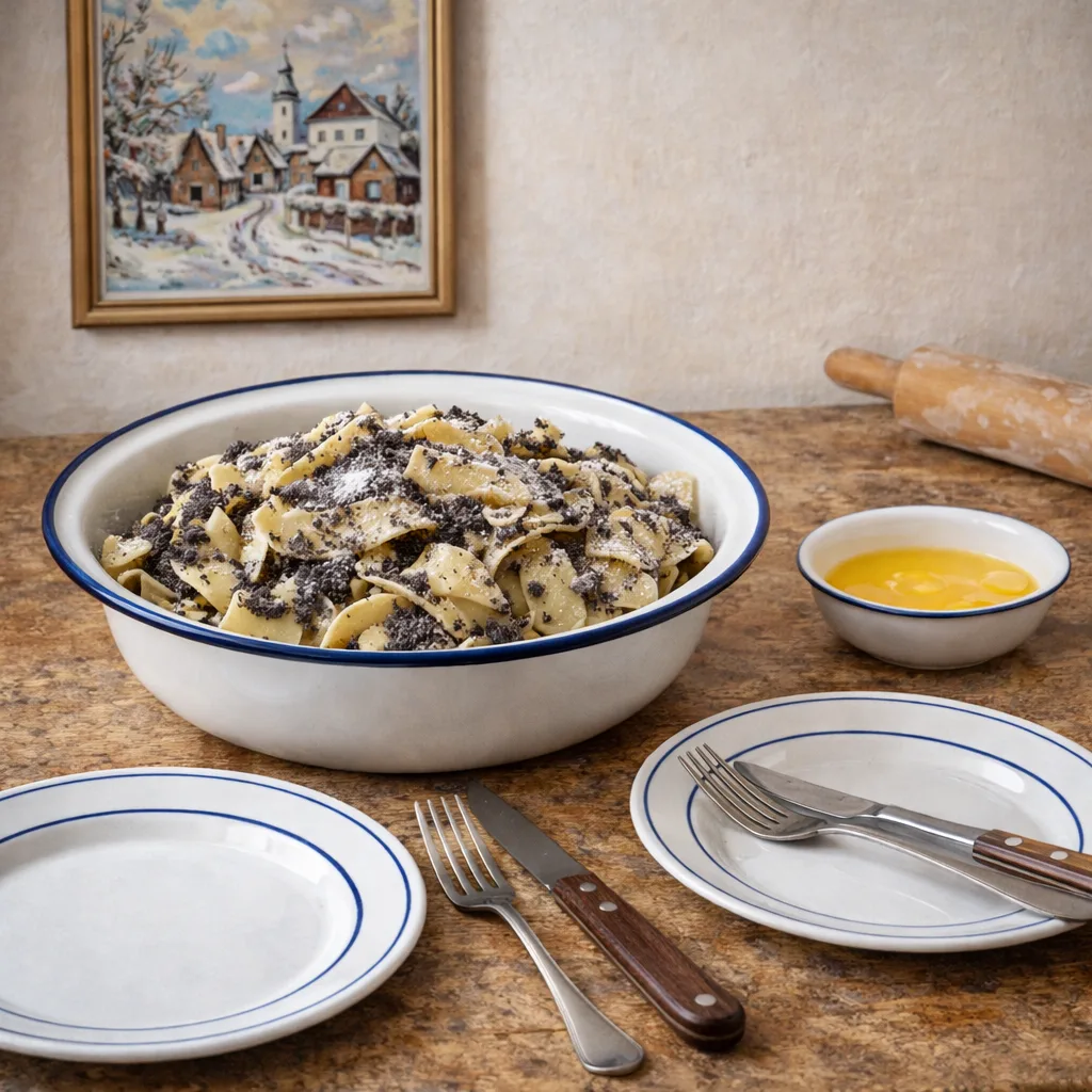 Aktivizace senioři s demencí – Mísa postního bezmasého jídla: těstoviny s mákem, máslo a talíře na stole – Aktivizace senioři s demencí