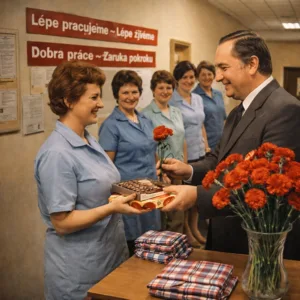 Aktivizace senioři s demencí – Předání karafiátu k MDŽ na pracovišti, usměvaví lidé – Aktivizace senioři s demencí