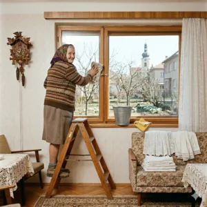 Aktivizace senioři s demencí – seniorka myje okno při jarním úklidu – Aktivizace senioři s demencí