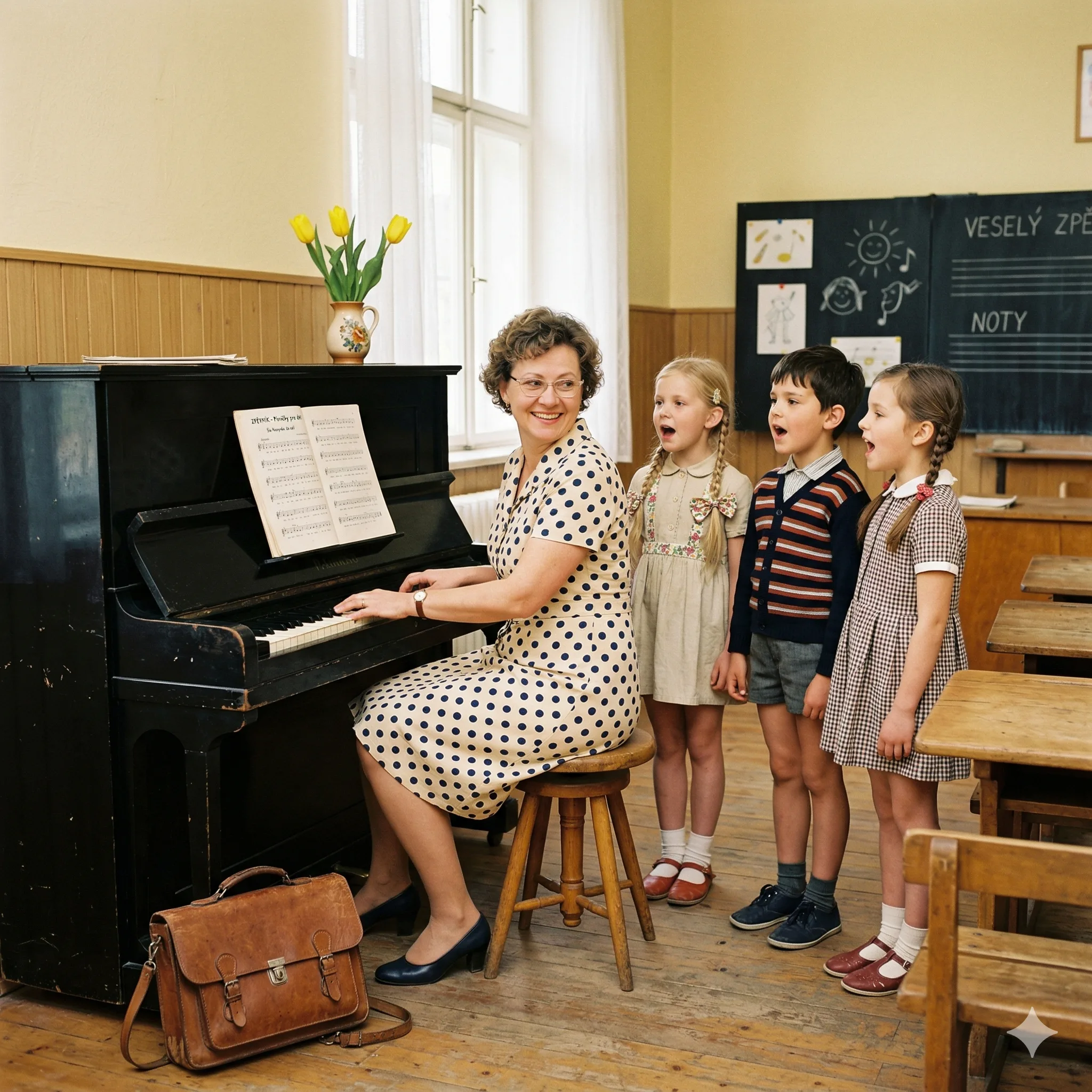 Aktivizace senioři s demencí – pan učitel a paní učitelka, hra na klavír a zpěv ve třídě – Aktivizace senioři s demencí