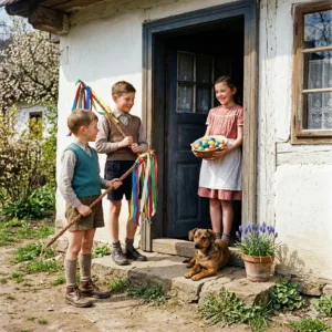 Aktivizace senioři s demencí – velikonoční trénink paměti, děti s pomlázkami a kraslicemi u venkovského stavení – Aktivizace senioři s demencí