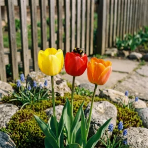 Aktivizace senioři s demencí – tulipány ve 3. dubnovém týdnu, tři barevné tulipány v zahradě – Aktivizace senioři s demencí